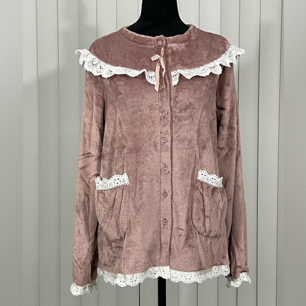 POL Velour Lace Cardigan Jacket Pajama Top Sweater Button Down Rose Pink S
